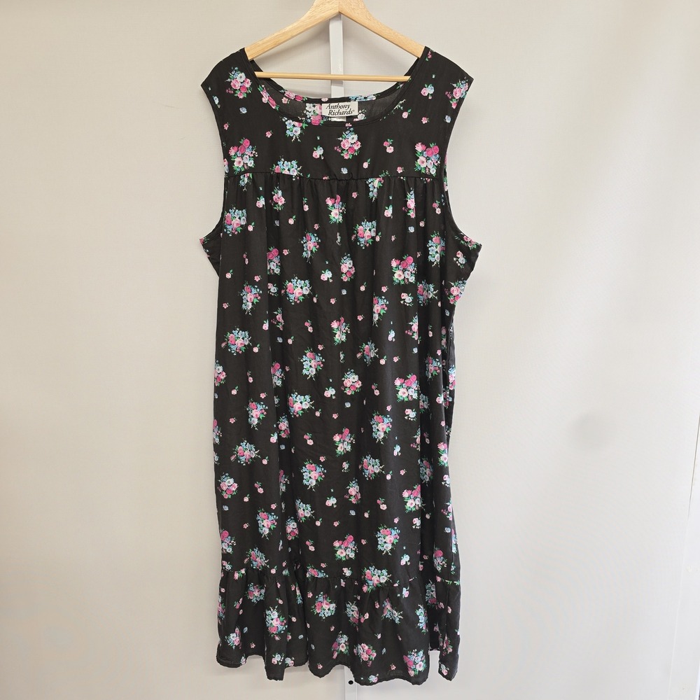 Anthony Richards Womens 2X Black Floral Sleeveless Ruffle Hem House Dress Muumuu
